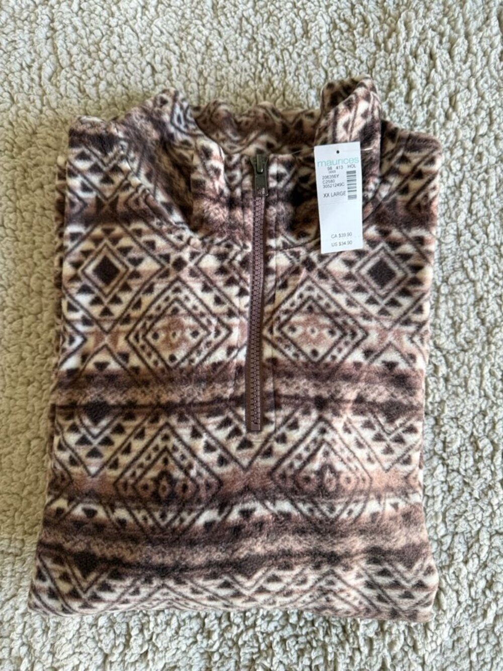 Maurices NWT Women's XXL Aztec Geo Fleece Quarter-Zip Pullover - Browns & Cream